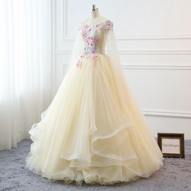 Light Yellow Tulle Flowers Prom Dress Bridesmaid Dress Sexy Prom Dress