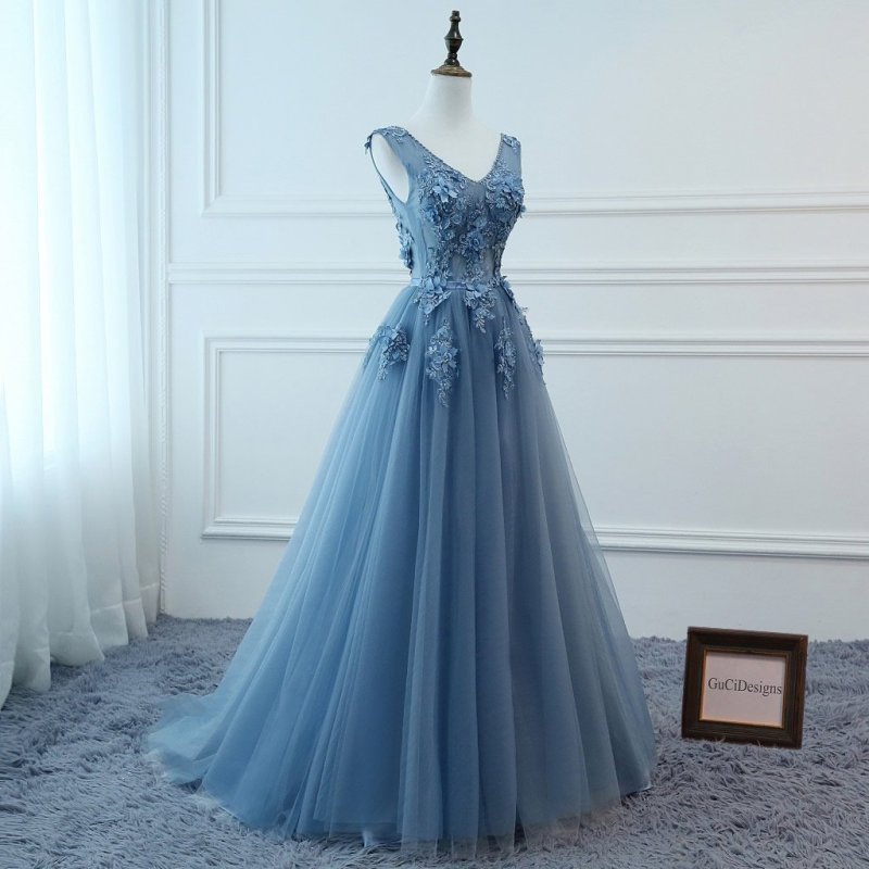 Grey Blue Lace Tulle Flowers Prom Dress Bridesmaid Dress Sexy Prom Dress