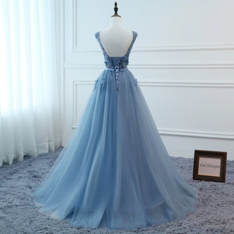 Grey Blue Lace Tulle Flowers Prom Dress Bridesmaid Dress Sexy Prom Dress