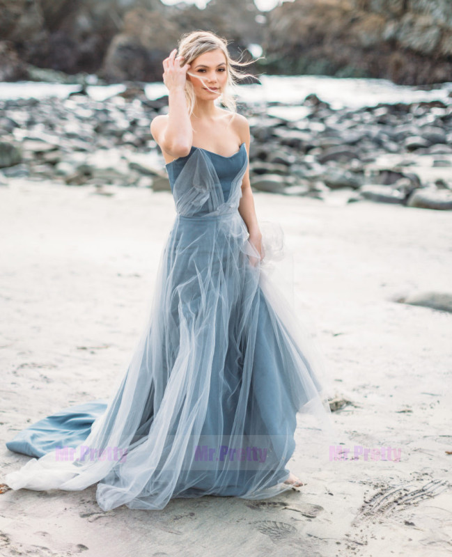 Grey Blue Lace Tulle Wedding Dress