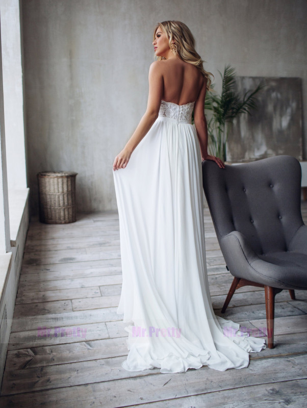 Ivory Sexy 2 Pieces  Lace Chiffon Wedding Dress Short Train Skirt