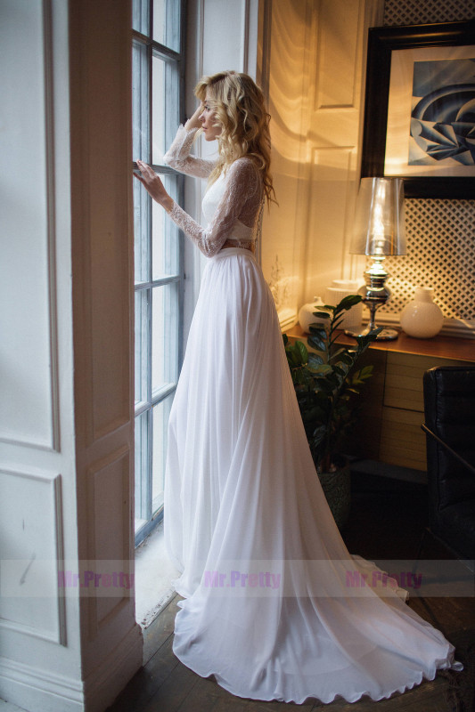 2 Pieces Ivory Sexy Lace Chiffon Wedding Dress Short Train Skirt