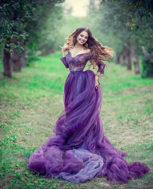 Purple One Size Open Waist Long Train Bridal Skirt 2 Pieces Gown
