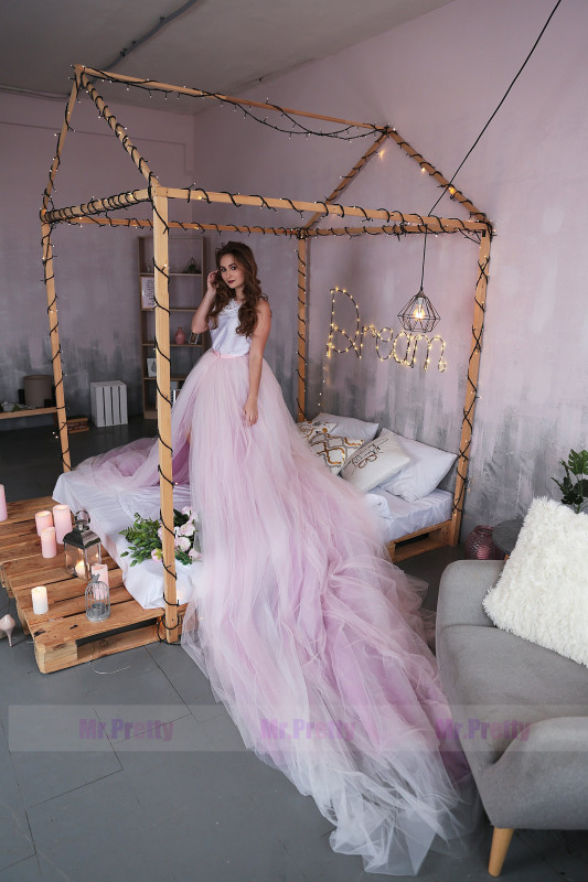 PInk One Size Open Waist Long Train Bridal Skirt 2 Pieces Gown