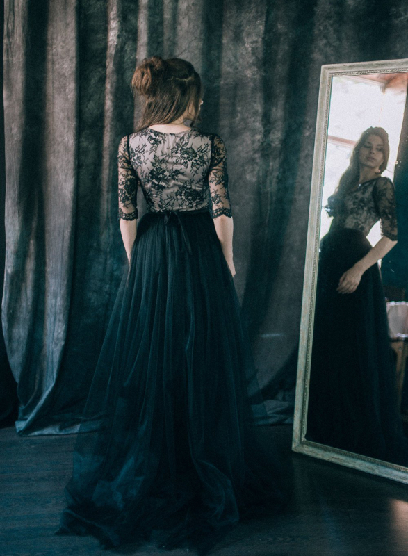 Black Lace Tulle Skirt  2 Pieces Weddng Gown
