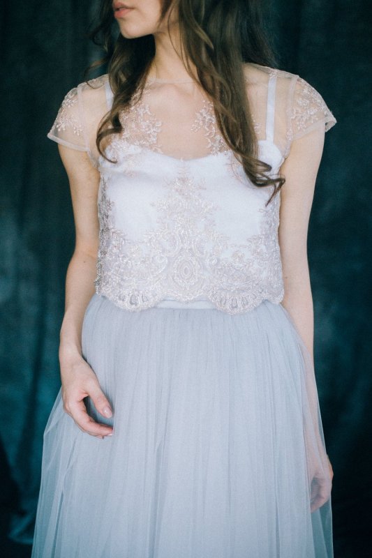 Grey Blue  Lace Tulle Skirt  2 Pieces Weddng Gown