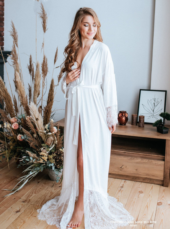 Lace Silk Chiffon Bridal Sleepwear Women Robe  Bridal Robe