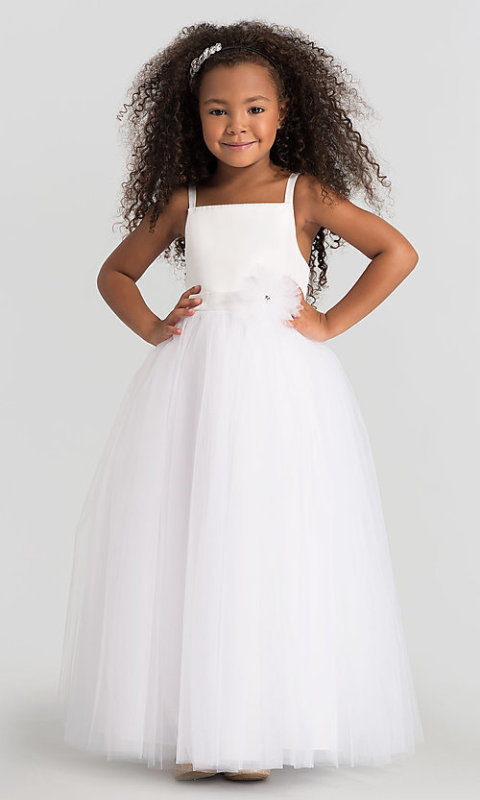 White Satin Tulle Full Length Flower Girl Dress Communion Dress