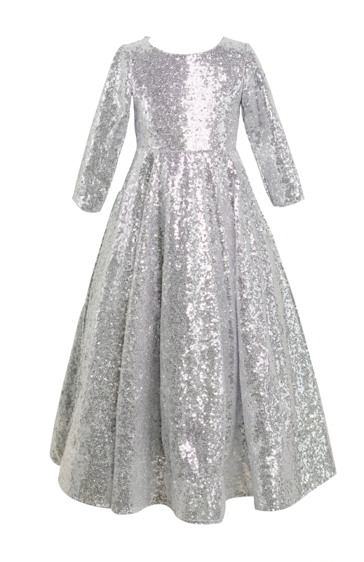 Silver Sequin Full Length Flower Girl Dress