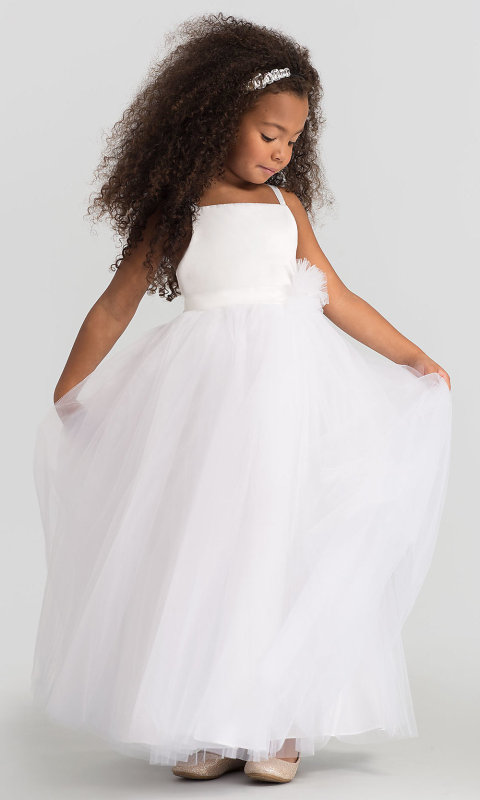 White Satin Tulle Full Length Flower Girl Dress Communion Dress
