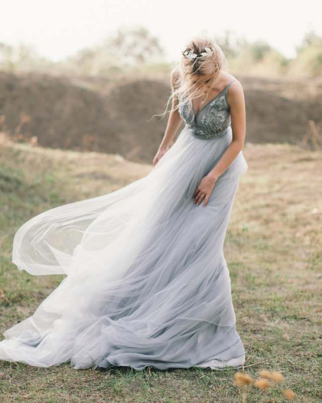 Light Grey Beads Tulle Long Train Bridal Dress Wedding Skirt