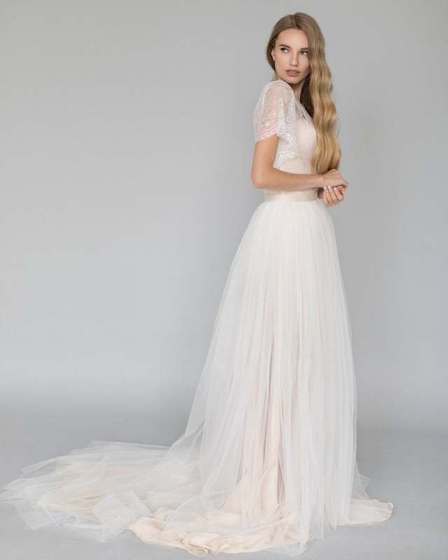 Ivory Champagne Two Pieces  long Train Bridal Dress Wedding Skirt