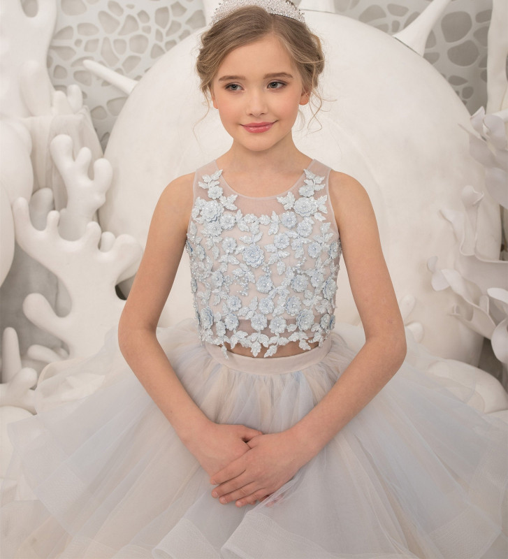 Light Blue Lace Tulle Full Length Flower Girl Dress Party Dress Pageant Dress