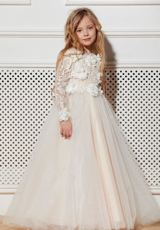 Ivory Full Length Lace Tulle Flower Girl Dress Party Dress Pageant Dress