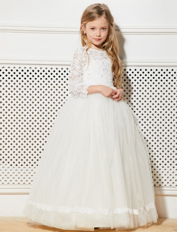 Ivory  Full Length Lace Tulle Flower Girl Dress Party Dress Pageant Dress Communion Dress