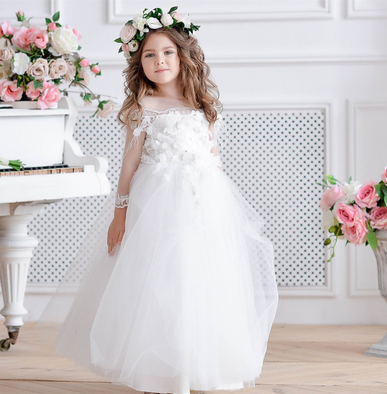 White Ankle Length Lace Tulle Lace Up Flower Girl Dress Party Dress Pageant Dress Communion Dress
