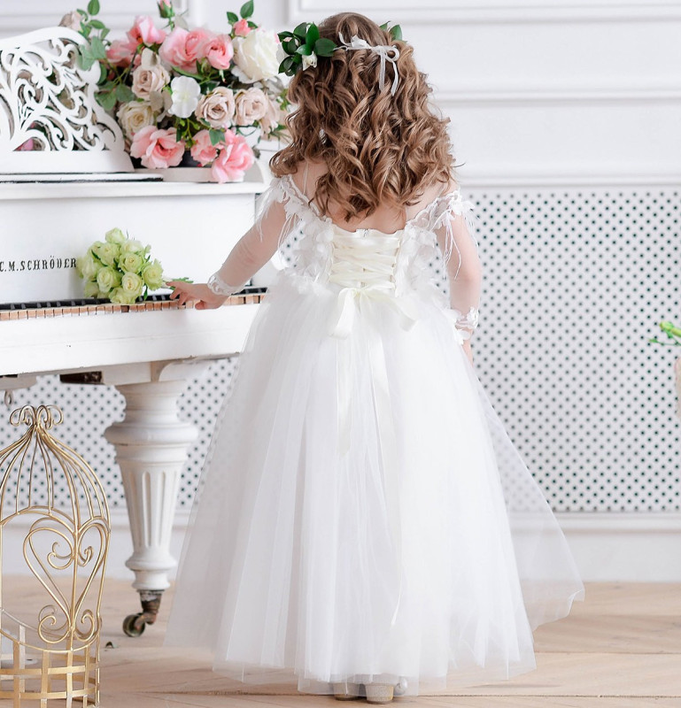 White Ankle Length Lace Tulle Lace Up Flower Girl Dress Party Dress Pageant Dress Communion Dress
