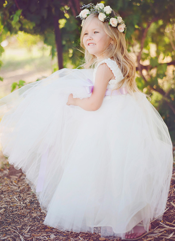 Ivory Full Length Lace Tulle Flower Girl Dress Party Dress Pageant Dress Toddler Dress