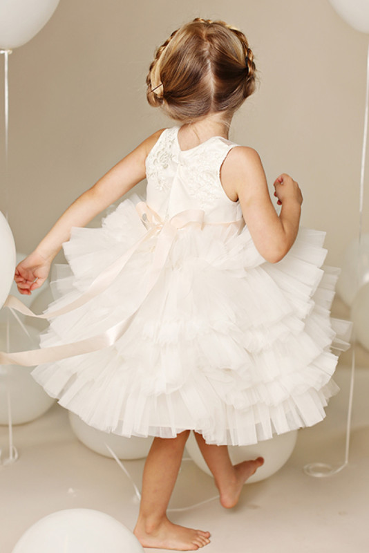 Ivory Lace Tulle Cupcake Knee Length Flower Girl Dress
