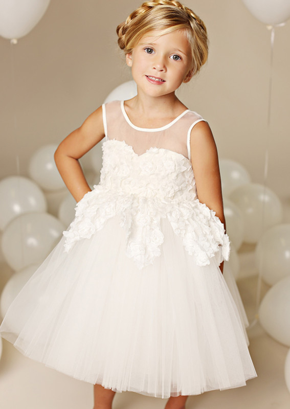 Ivory Lace Tulle Tea Length Flower Girl Dress