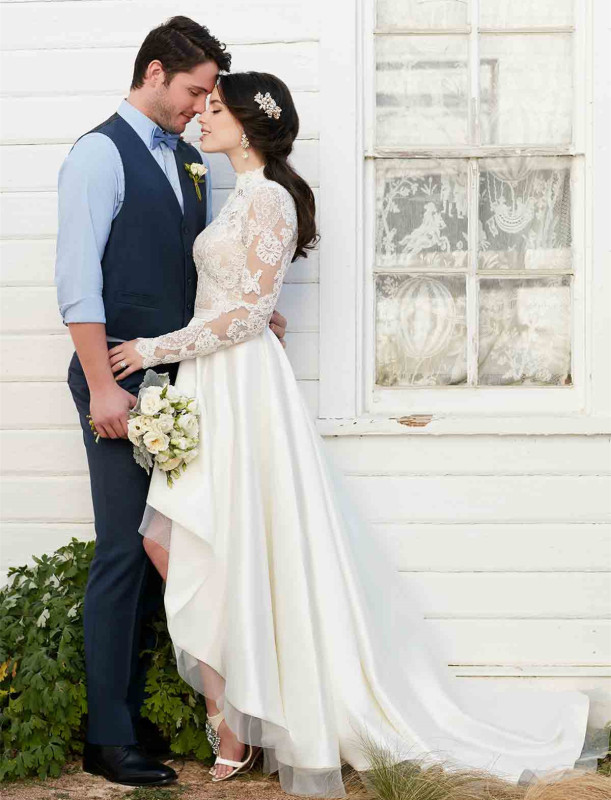 Ivory Lace Satin High Low Bridal Gown Wedding Dress