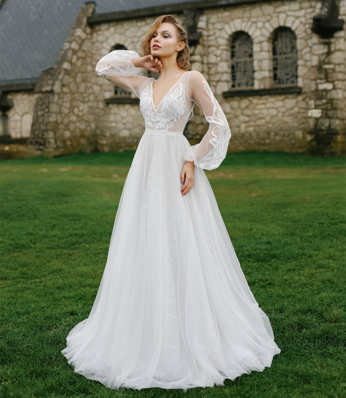 Ivory Lace Tulle Long Sleeve  Bridal Gown Wedding Dress