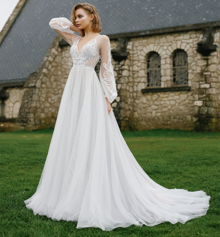 Ivory Lace Tulle Long Sleeve  Bridal Gown Wedding Dress