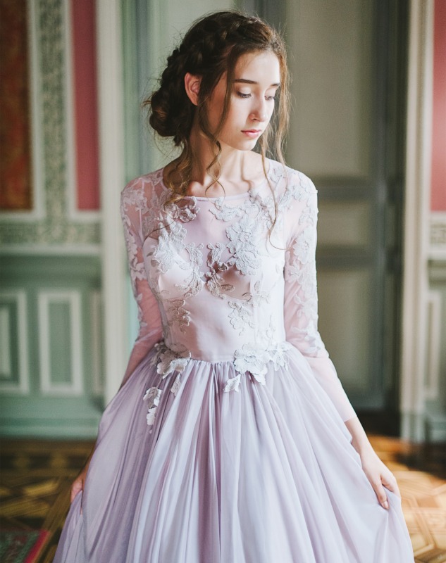 Lavender Lace Chiffon Bridal Gown Wedding Dress