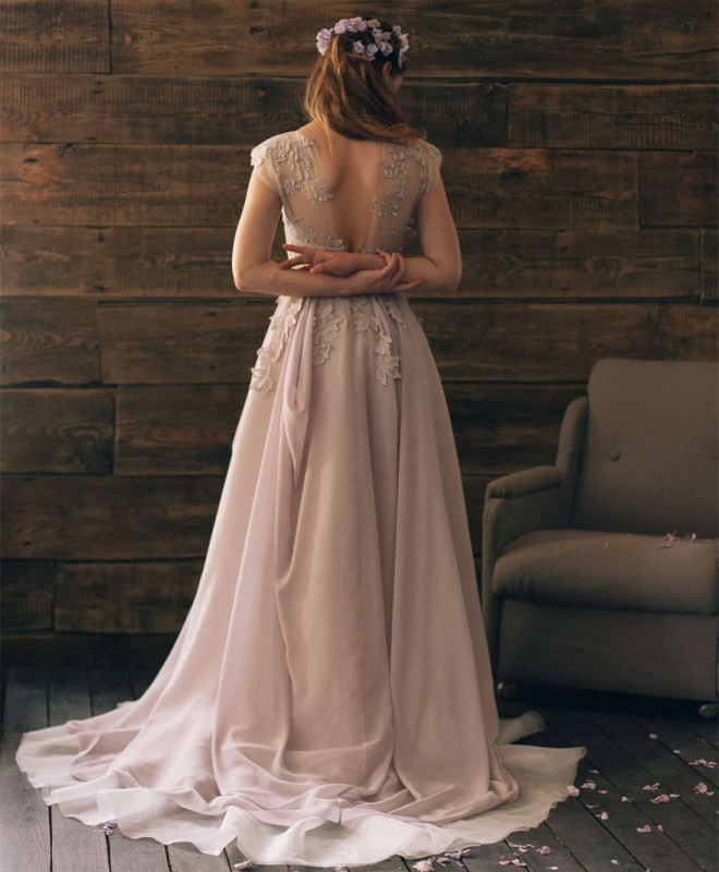 Lavender Lace Chiffon Bridal Gown Wedding Dress