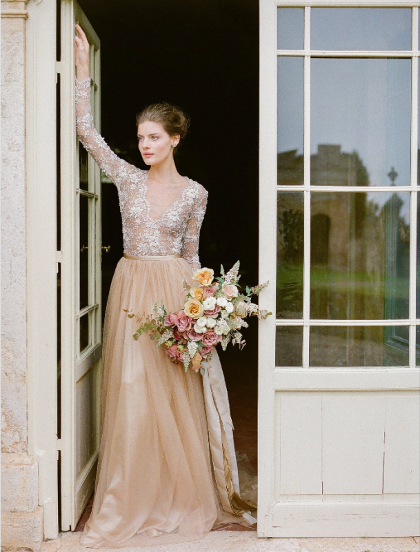 Champagne Lace Tulle Wedding Dress 2 Pieces Bridal Gown