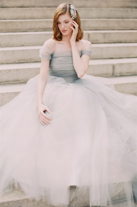 Off-shoulder Grey Blue Tulle Bridal Gown Wedding Dress