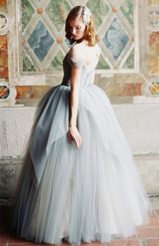 Off-shoulder Grey Blue Tulle Bridal Gown Wedding Dress