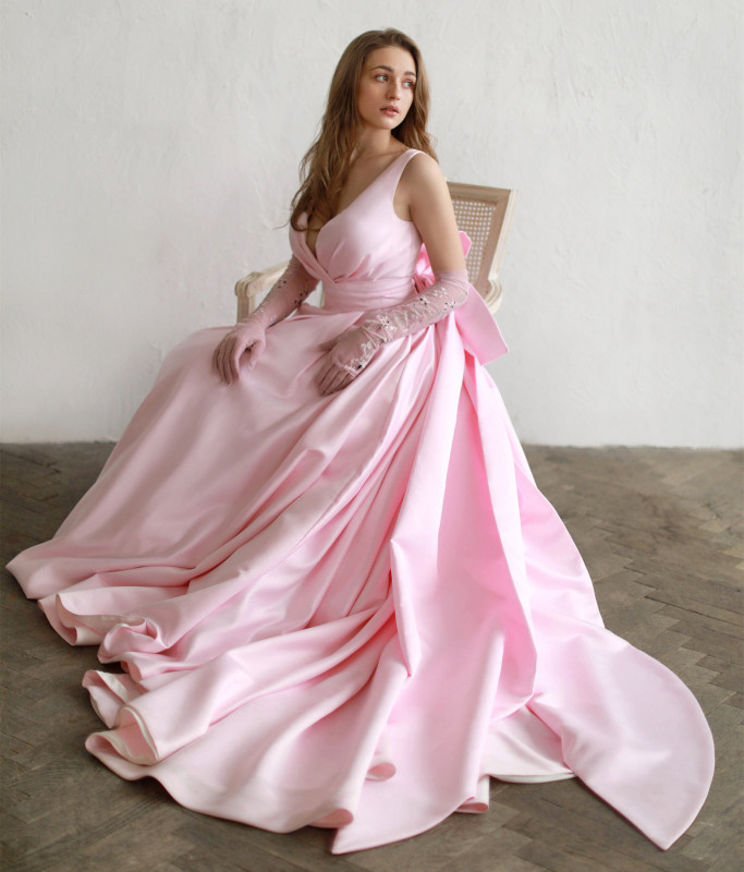 Vback Pink Satin Bridal Gown Wedding Dress