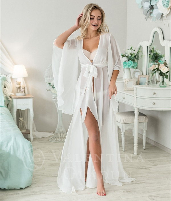 Long Sleeve Ivory Chiffon Bridal Robe Bridal Sleepingwear