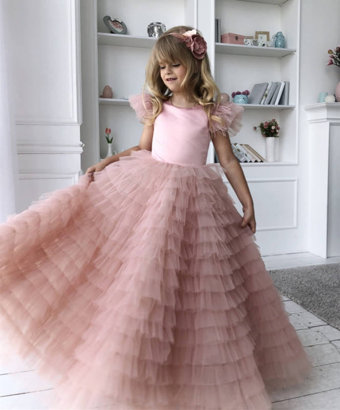 Pink Taffeta Tulle Full Length Flower Girl Dress Party Dress