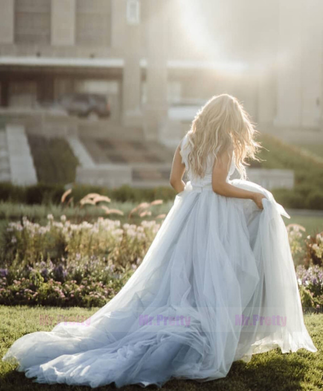 Grey Blue Long Train Tulle  Long Train Skirt Bridal Gown