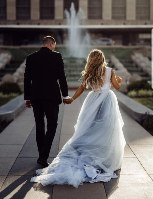 Grey Blue Long Train Tulle  Long Train Skirt Bridal Gown