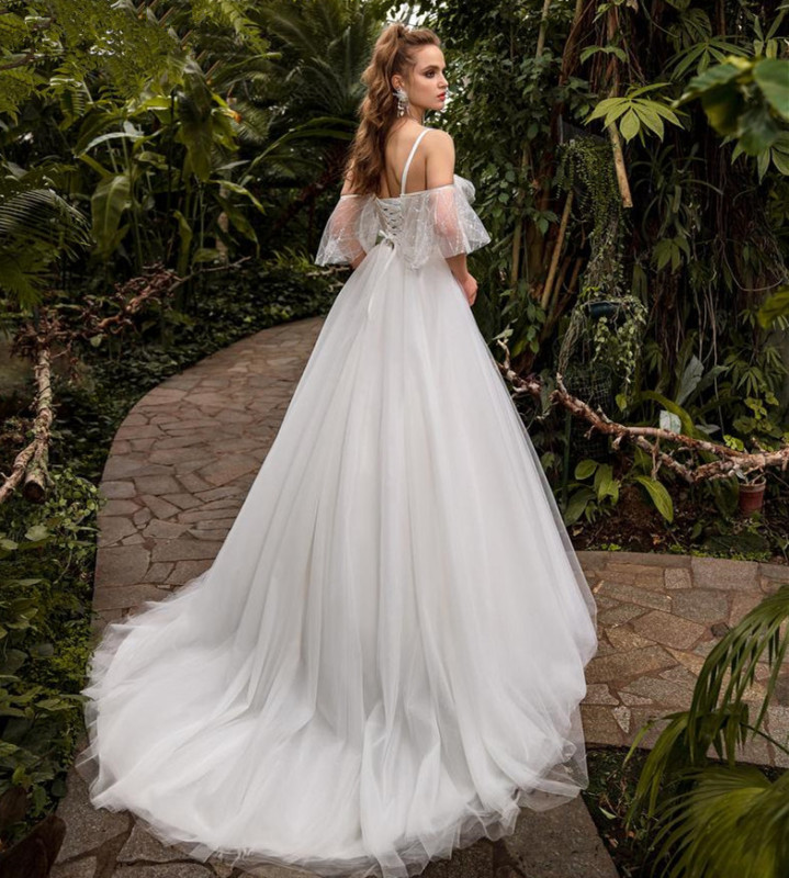 Off Shoulder  Ivory Lace Tulle Bridal Gown Cathedral Wedding Dress