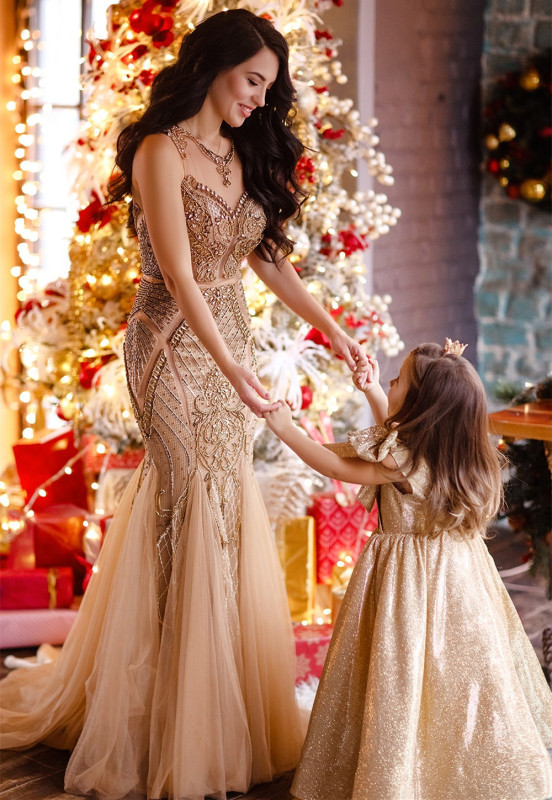 Gold Short Train Mother And Kids Parenting Dress Prom Dress