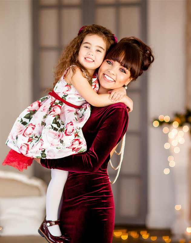 Burgunday Velvet Mother And Kids Dress Prom Dress