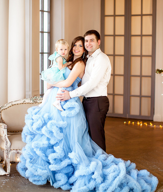Blue Mother And Kids Dress Wedding Dress
