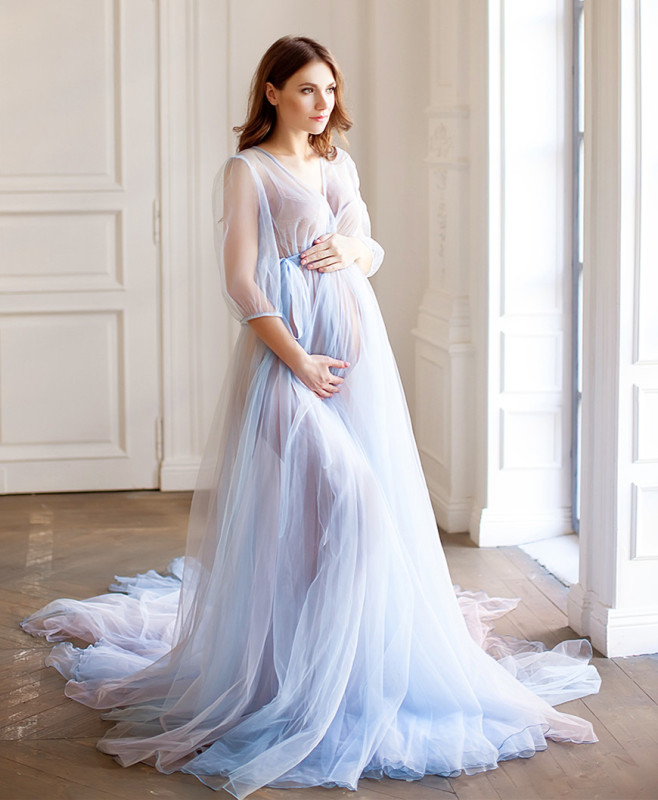 Open Front Light Blue Tulle Maternity Sexy Prom Dress Pregnant Dress