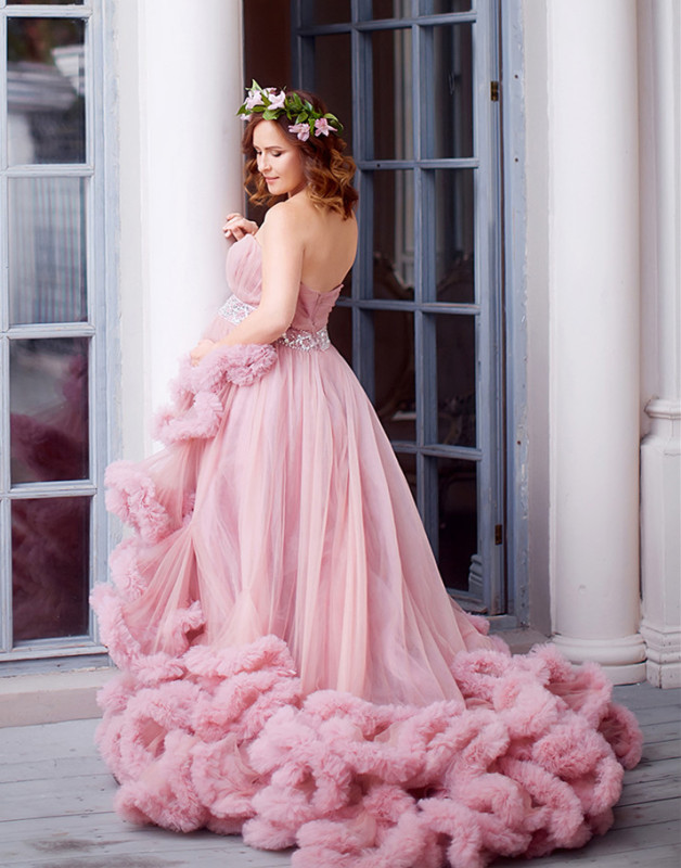 Mauve Tulle Long Train Rufflw Skirt  Maternity Sexy Prom Dress