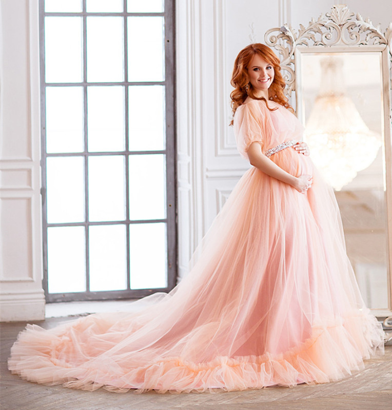 Peach Lace Tulle Maternity Sexy Prom Dress Pregnant Dress