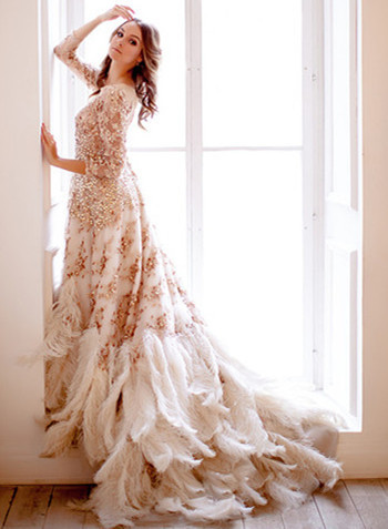 Lace Feather Long Train Bridal Gown Wedding Dress