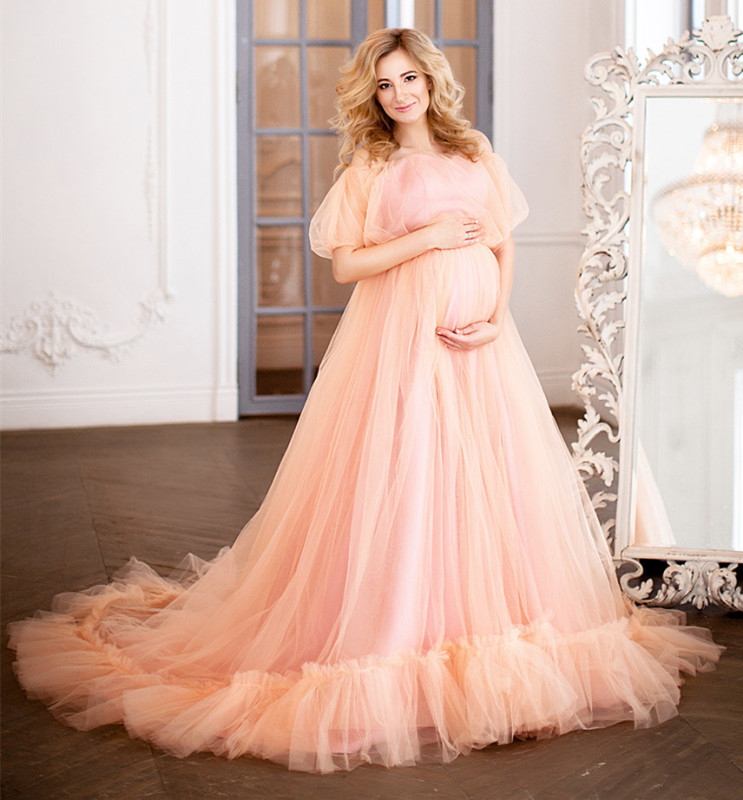 Peach Lace Tulle Maternity Sexy Prom Dress Pregnant Dress