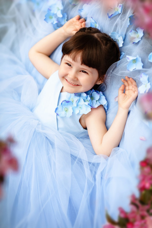 Blue Satin Tulle Flower Girl Dress Party Dress