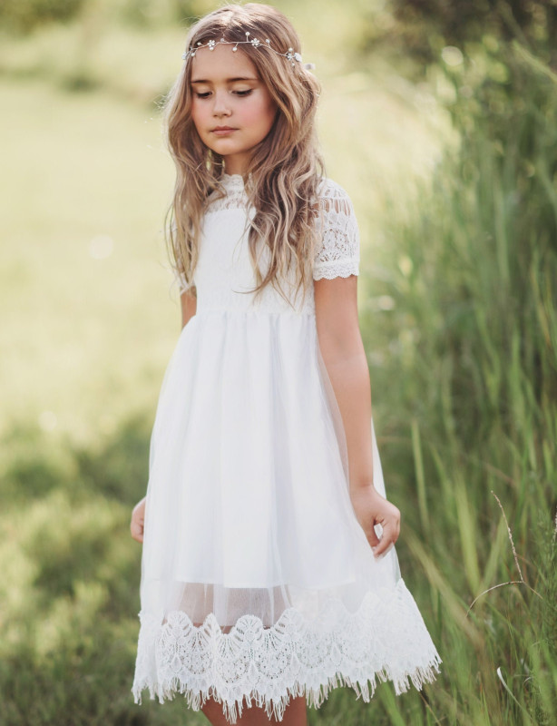 Ivory Lace Tulle Knee Length Flower Girl Dress Party Dress