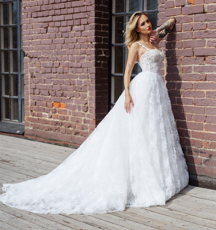 Ivory Lace Tulle Long Train Bridal Gown Wedding Dress