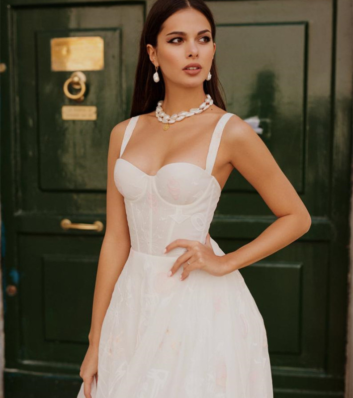 Printed Organza Short Train Bridal Gown Wedding Dress